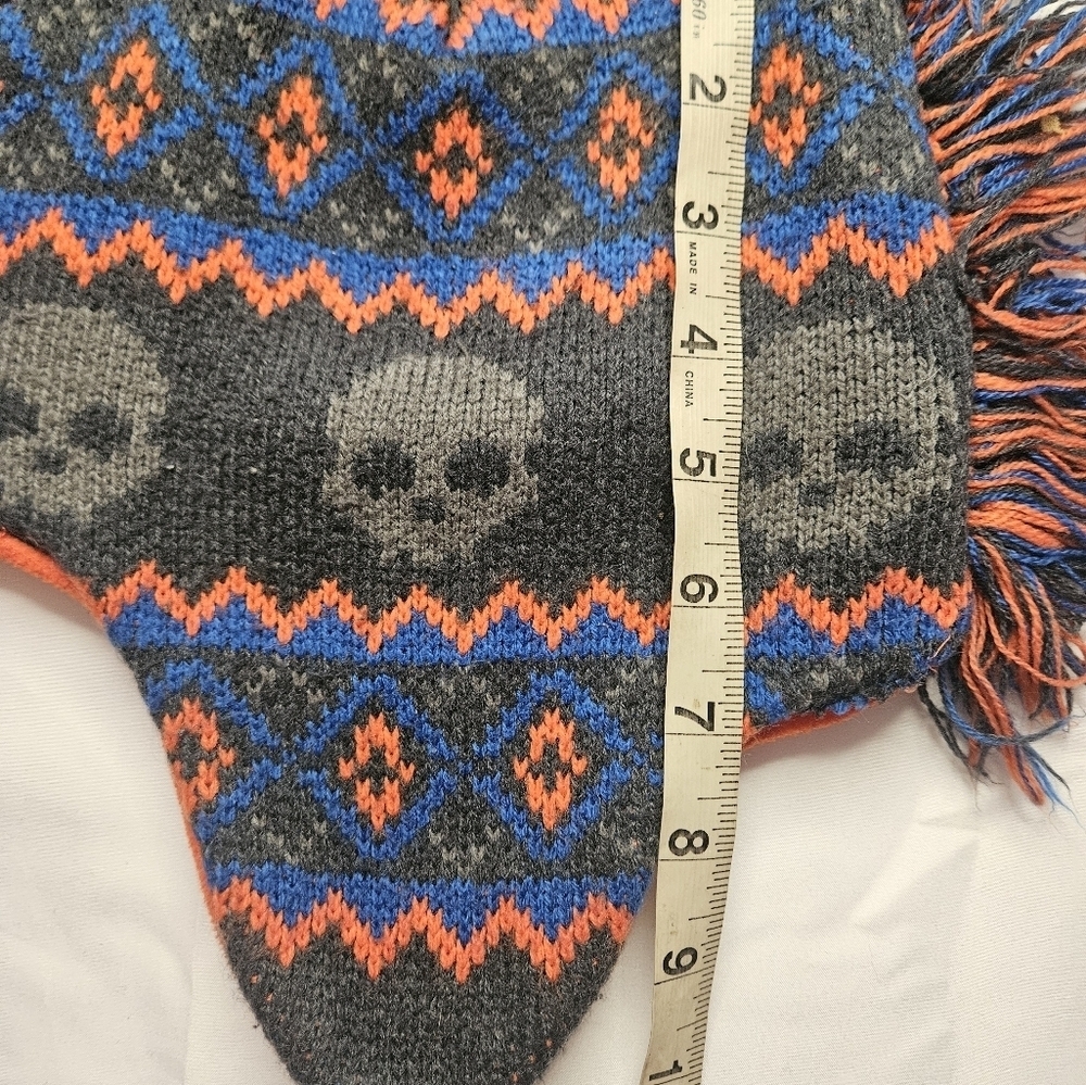 Unbranded Boys Gray, Blue And Orange Skull Mohawked Winter Hat With Ear Flaps - Picture 6 of 8
